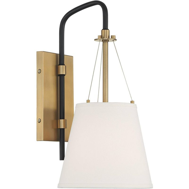 Possini Euro Design Mid Century Modern Wall Light Sconce Brass Black Hardwired 8" Fixture White Linen Shade for Bedroom Living Room