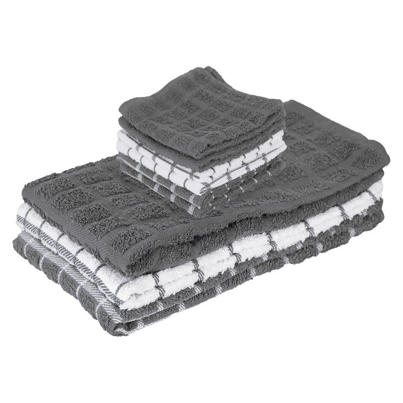 John Ritzenthaler Co. Ritz 3-Pack Terry Check Kitchen Towel Set and 6-Pack Terry Check Dish Cloth Set, Grey