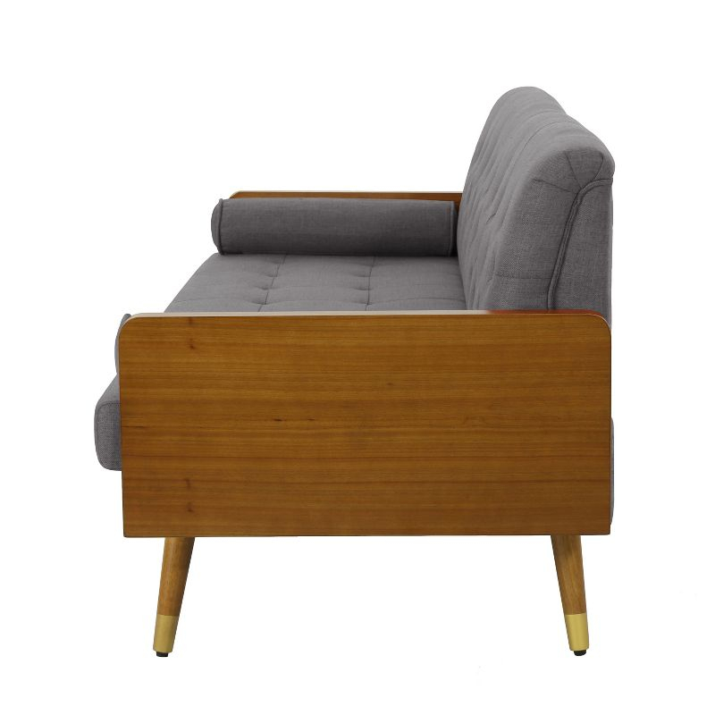 GDFStudio Aidan Mid Century Modern 72.25" Tufted Upholstered 3 Seater Sofa，Gray/Dark Walnut/Gold