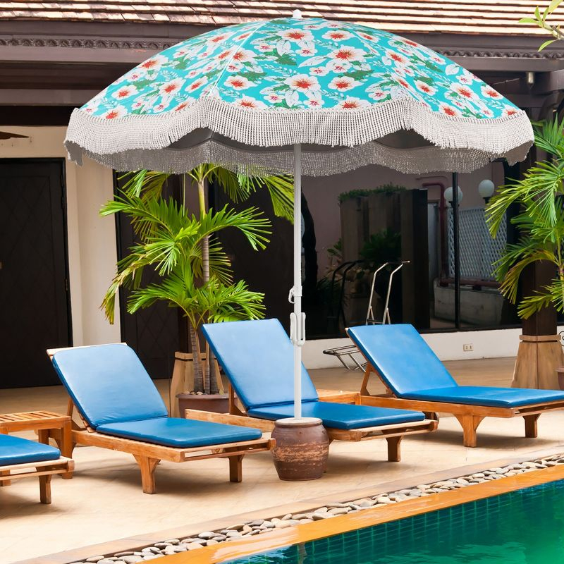 Tangkula 6.5 FT Beach Umbrella w/ Fringe Tassel Umbrella w/ Push Button Tilt Sand Anchor Green