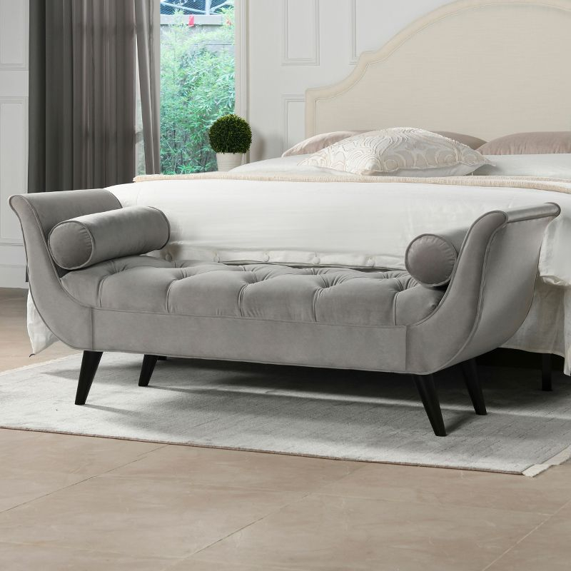 TiramisuBest Tufted Flared Arm Entryway Bench, Upholstered Long Accent Bench with Pillows, Solid Wood Legs,Gray, 64.5¡±
