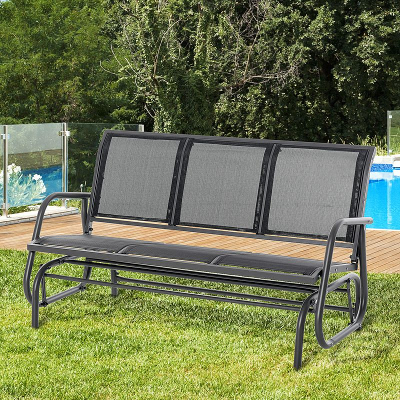 Outsunny Patio Glider Bench, Outdoor Porch Glider Swing with 3 Seats, Breathable Mesh Fabric, Metal Frame, Black