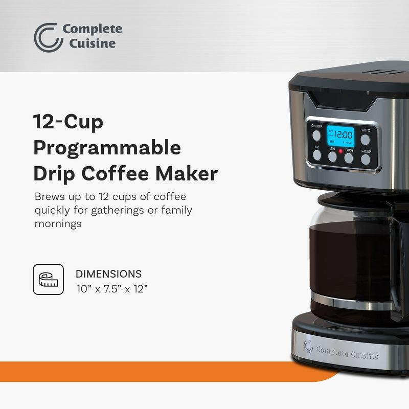 Complete Cuisine 12-Cup Drip Coffee Maker, Programmable Timer, Stainless Steel, Reusable Filter, Auto Shut-Off, Hot Brew Function, Black/Silver
