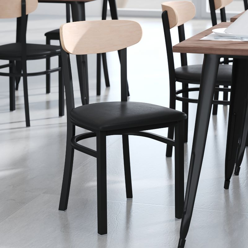 Flash Furniture Commercial Metal Dining Chair with Vinyl Seat and Wood Boomerang Back-Black/Natural