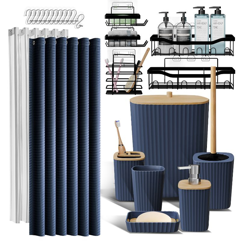 Shower Caddy and Bathroom Accessories Set - 25PC Blue Bathroom Accessory Set with Black Shower Shelf Caddy Set
