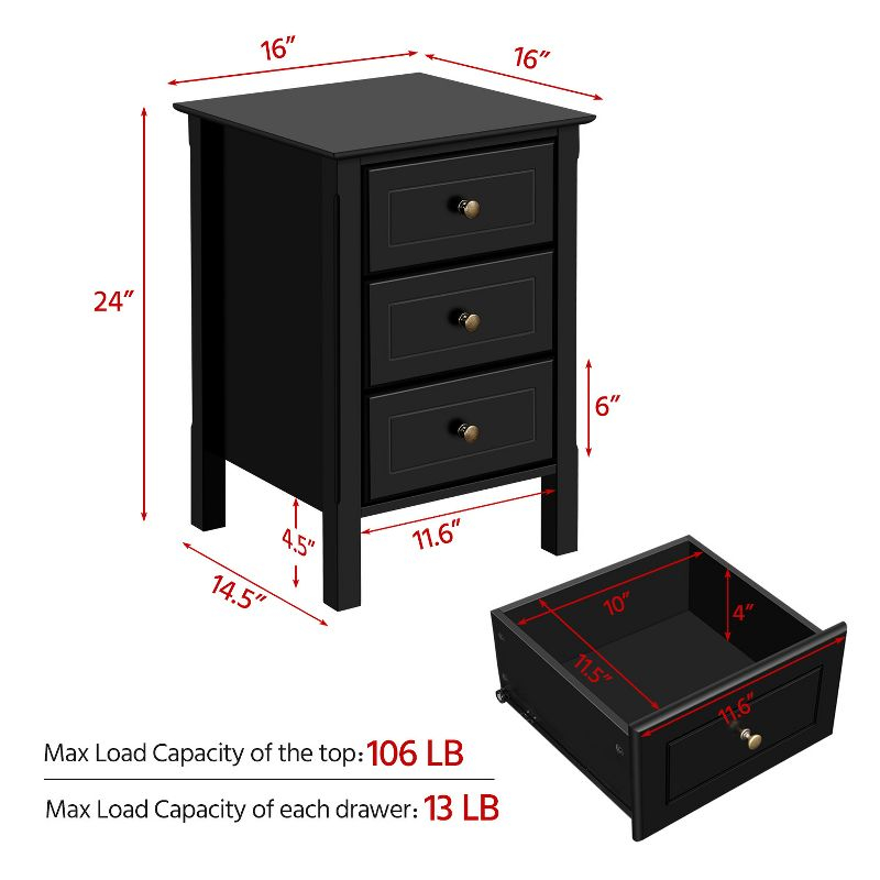 Yaheetech 3 Drawer End Table with Solid Wood Legs for Living Room, Black