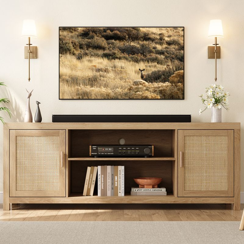 Whizmax Rattan TV Stand for 75 Inch, Boho Entertainment Center with 2-Tier Storage, Wooden Media Console Cabinet for Living Room Bedroom Natural Oak