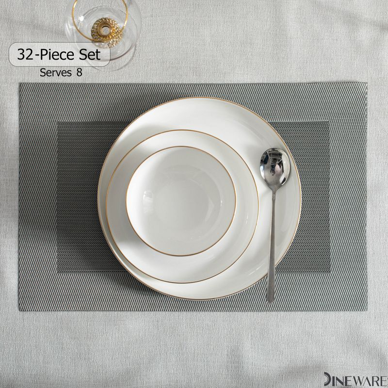 Dinewares White with Gold Rim Bone China Dinnerware Set - Service for 8, Includes Dinner Plates, Salad Plates, and Cereal or Soup Bowls