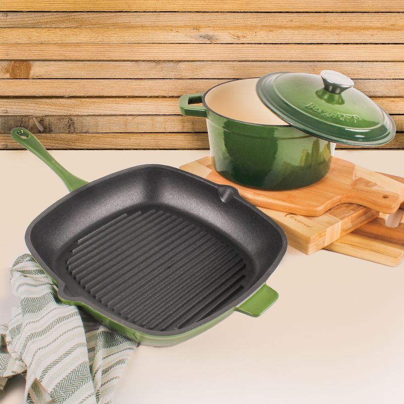 BergHOFF Neo 3Pc Cast Iron Cookware Set, 3qt. Covered Dutch Oven & 11" Grill Pan, Green