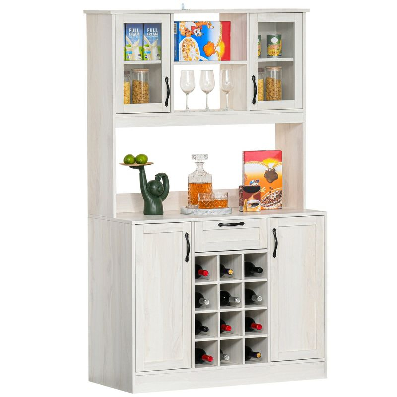 HOMCOM Kitchen Buffet with Hutch Cupboard with Utility Drawer, 4 Door Cabinets,  and Optional 12-Bottle Wine Storage, White