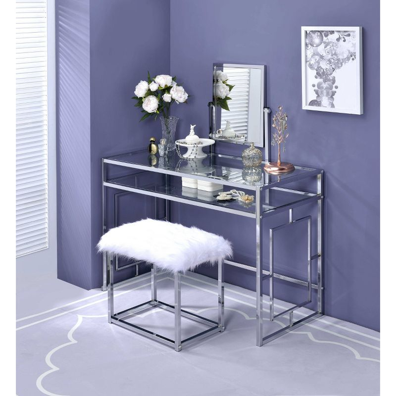 Acme Furniture Carenze Ii Vanity Table White Faux Fur/Chrome Finish