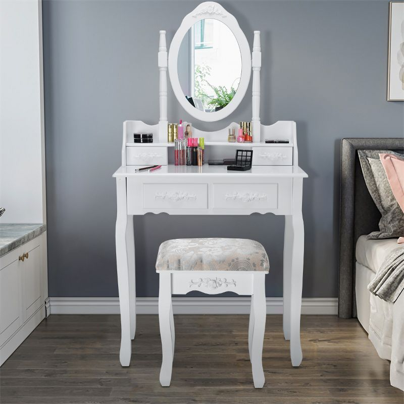 Costway Vanity Wood Makeup Dressing Table Stool Jewelry Desk 4 White
