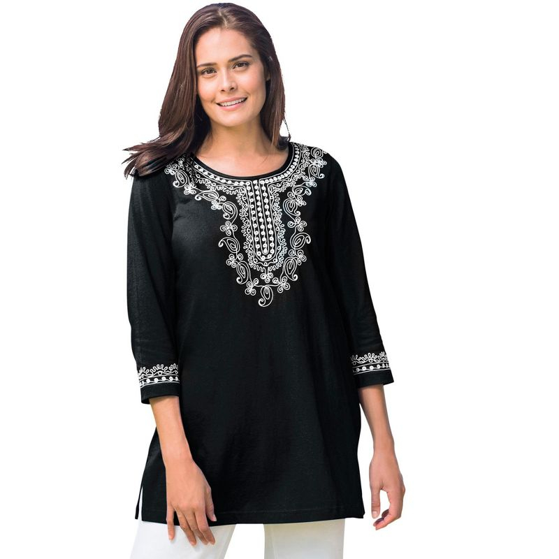 Woman Within Women's Plus Size Embroidered Knit Tunic - 18/20, Black