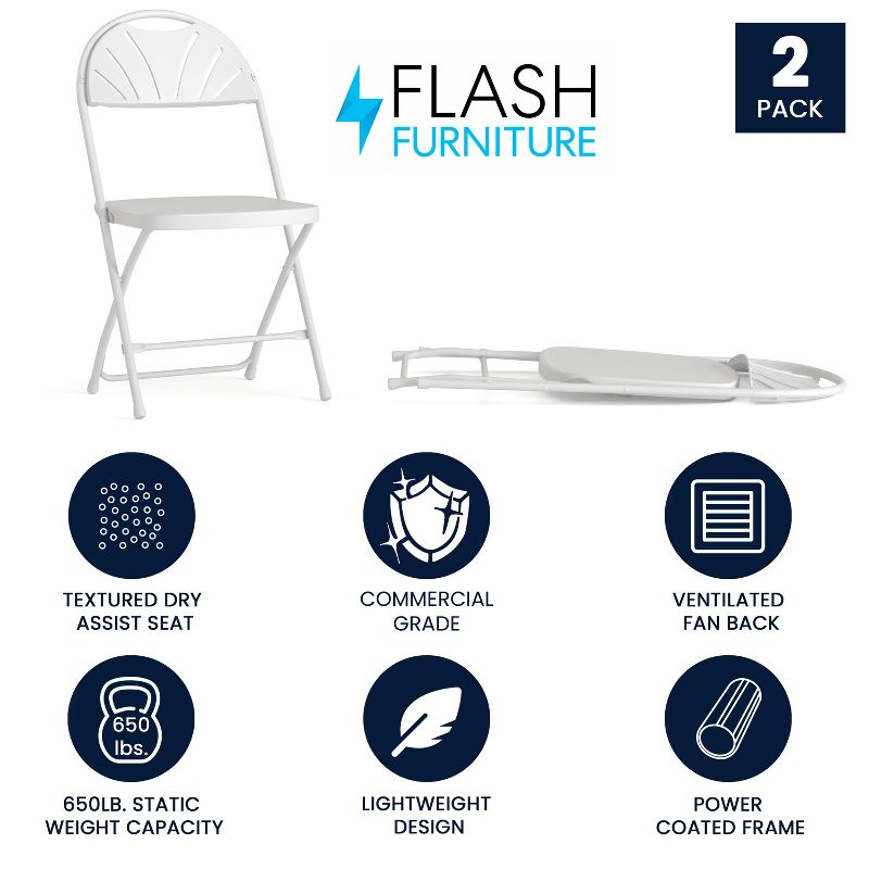 Flash Furniture 2 Pack HERCULES Series 650 lb. Capacity White Plastic Fan Back Folding Chair