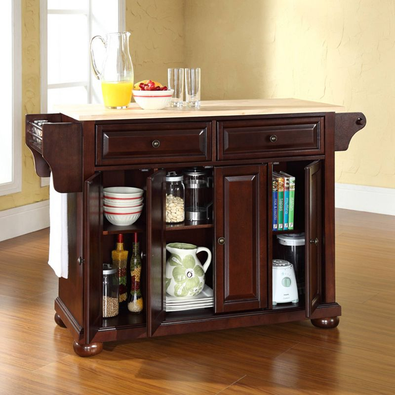 Alexandria Wood Top Full Size Kitchen Island/Cart Mahogany - Crosley: 8 Shelves, 2 Drawers, Adjustable Storage