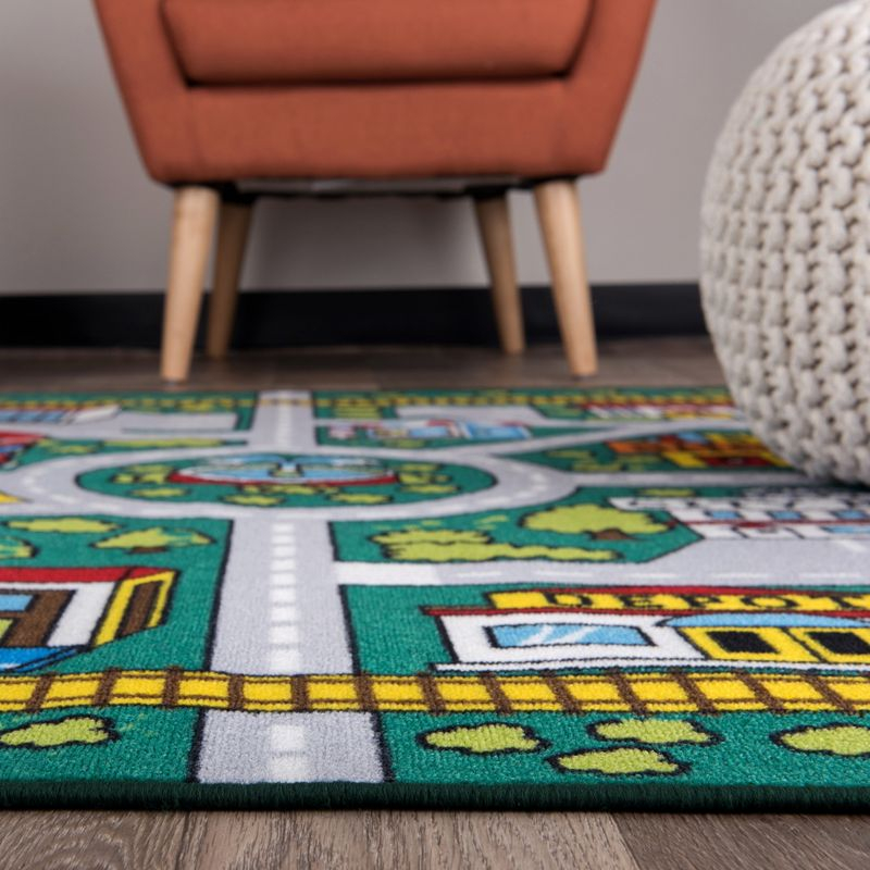 World Rug Gallery Kids Educational Learning City Life Road Non Slip Area Rug - Green 5' x 7'