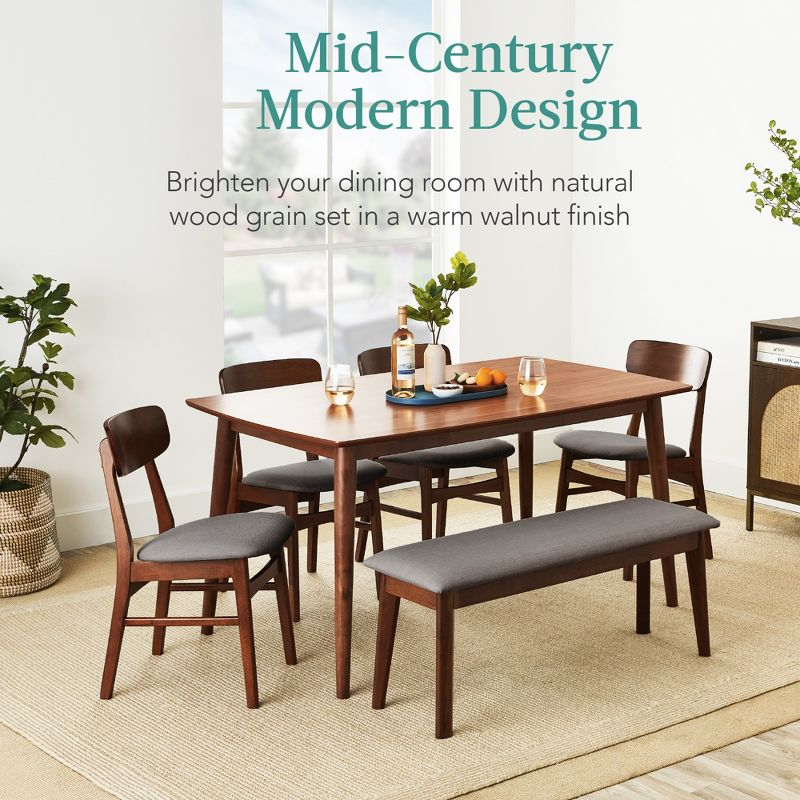 George Oliver 6-Piece Mid-Century Modern Upholstered Wooden Dining Set W/ 4 Chairs, Bench - Walnut/Gray