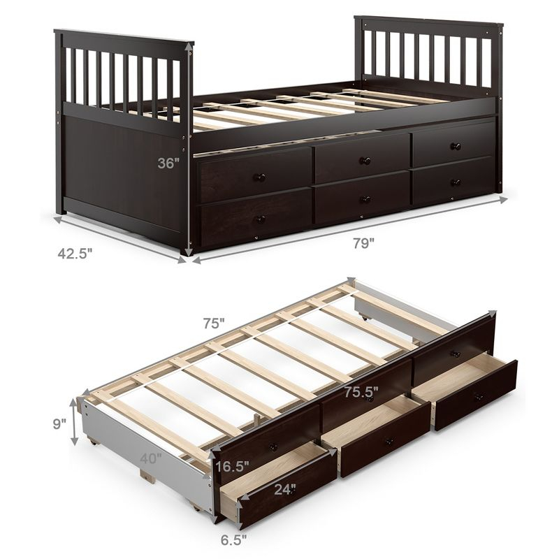 Costway Twin Captain's Bed Bunk Bed Alternative w/ Trundle & Drawers for Kids Espresso