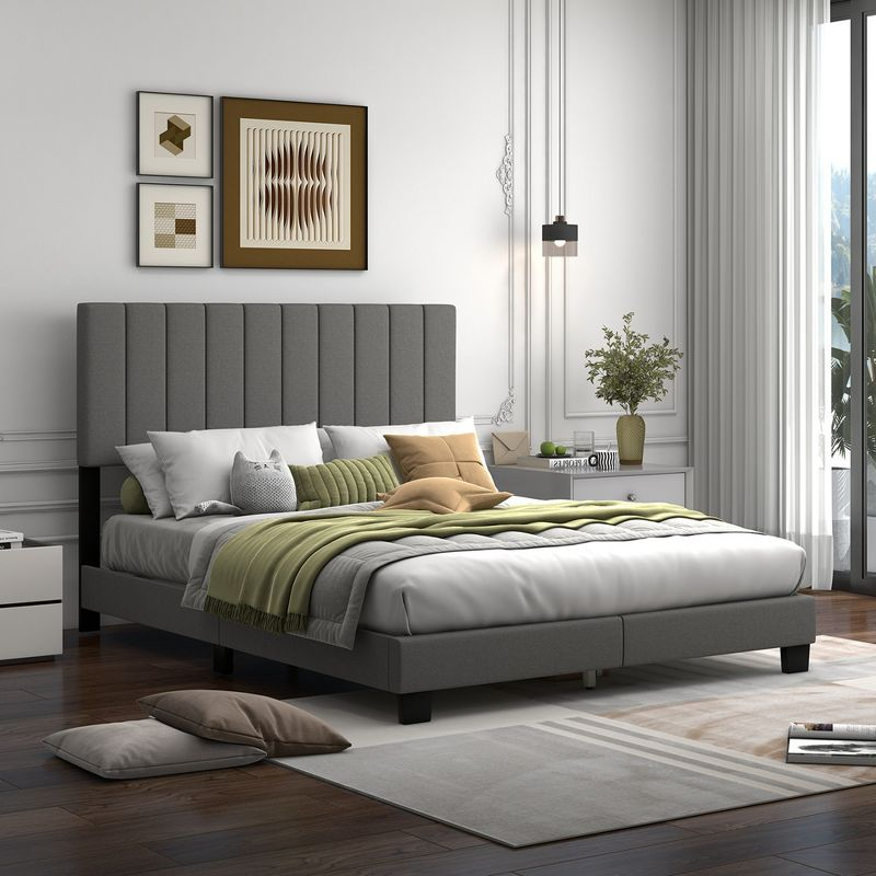 Costway Queen Upholstered Platform Bed Frame Mattress Foundation Box Spring Needed Gray