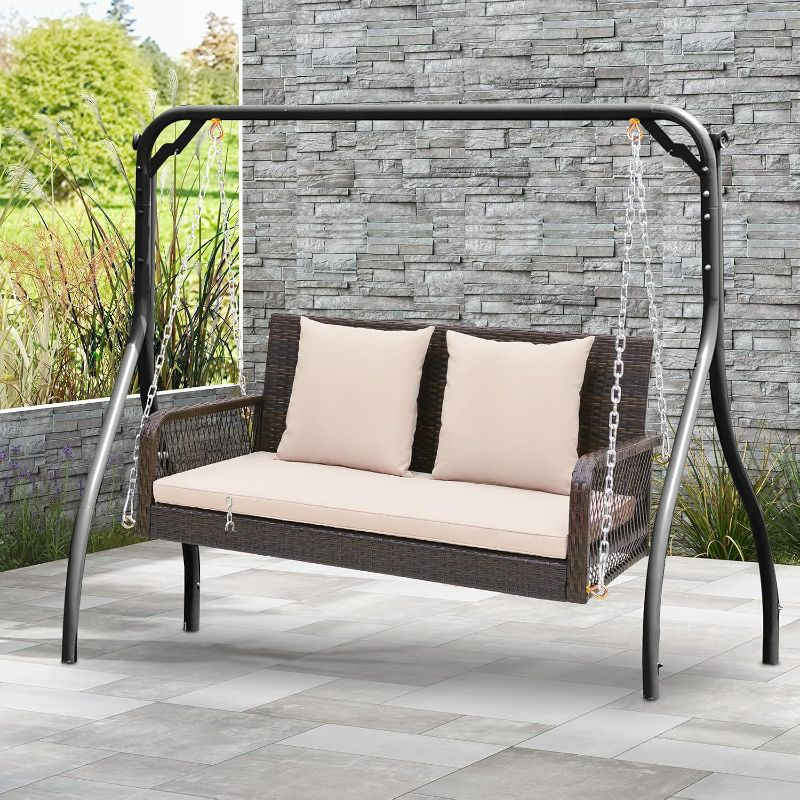 Tangkula Wicker Outdoor Porch Swing 800 LBS Capacity Outdoor Swing Bench w/ Hanging Chains Beige