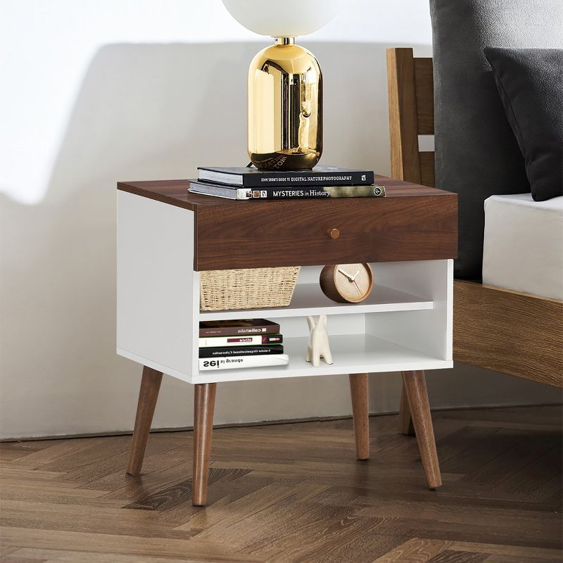 Costway 2PCS Nightstand End Side Table Drawer Storage Shelf Mid-Century Rubber Wood Leg