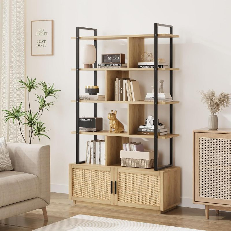 5 Tier Rattan Bookshelf with Storage Cabinet & Door, 71.1 Inch Tall Industrial Book Shelf,5 Shelf Bookcase with Metal Frame-Burlywood