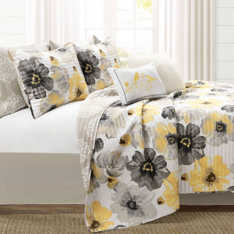 8pc Queen Leah Soft Reversible Oversized Quilt Set Yellow/Gray - Lush Décor