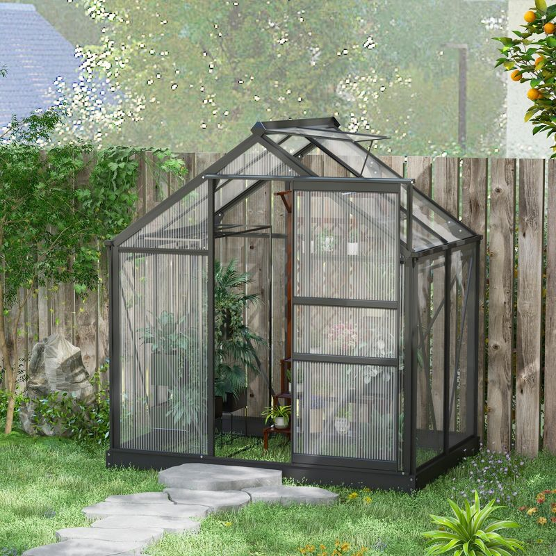 Outsunny 6.2' x 4.3' x 6.6' Polycarbonate Greenhouse, Heavy Duty Outdoor Aluminum Walk-in Green House Kit with Vent & Door for Backyard Garden, Gray