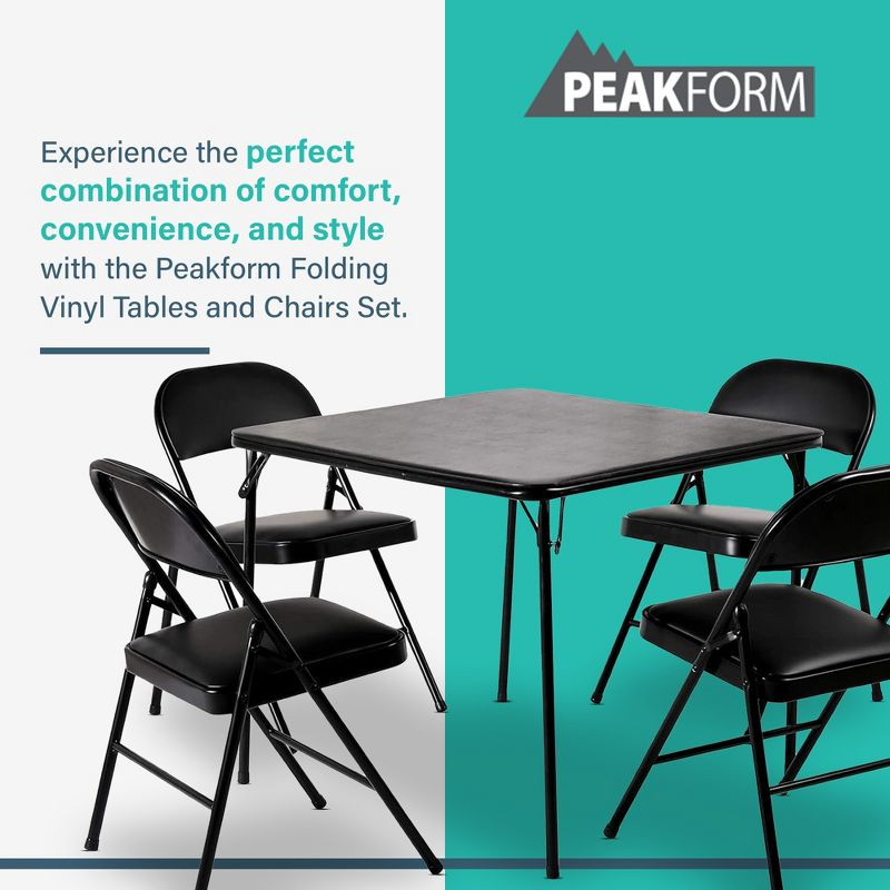 Peakform 5 Piece Folding Vinyl Tables and Chairs with Easy Cleaning and Storage for Home Use, Indoor Spaces, and Office, Black
