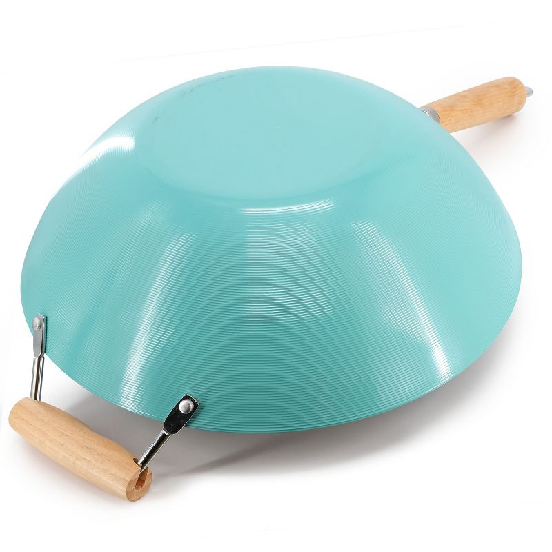 Martha Stewart Everyday Clarkston 14 Inch Nonstick Carbon Steel Wok with Wooden Handle in Teal