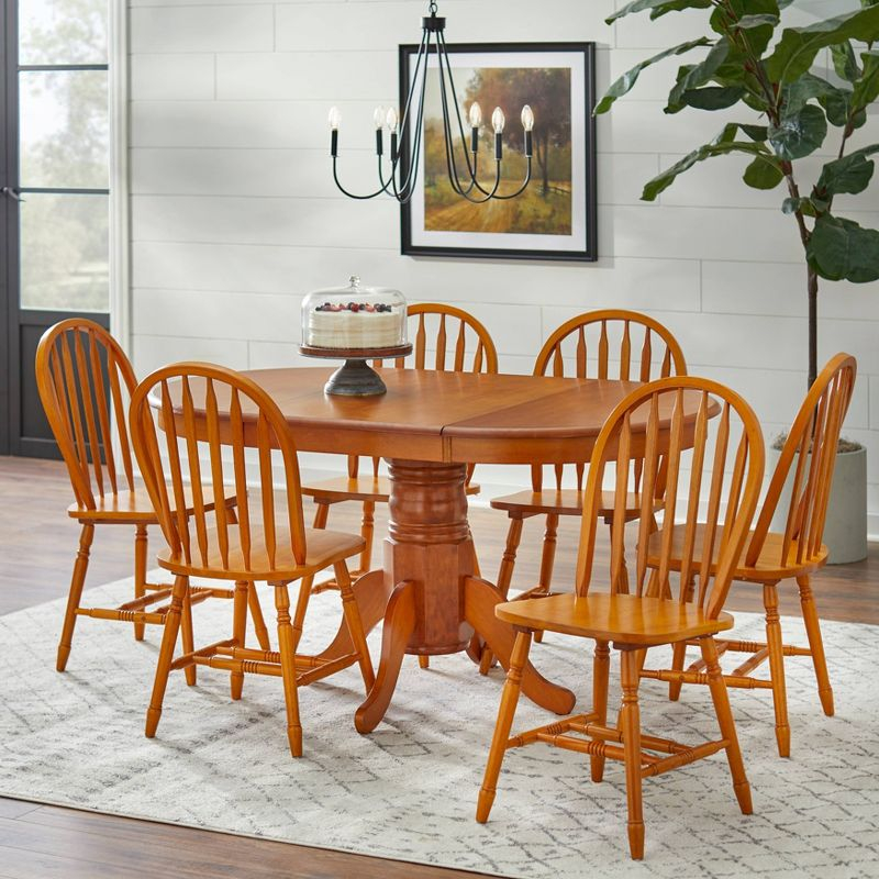 Buylateral 7pc Lancaster Farmhouse Solid Wood Extendable Dining Table Set Oak: Rubberwood, Pedestal Base, Seats 6