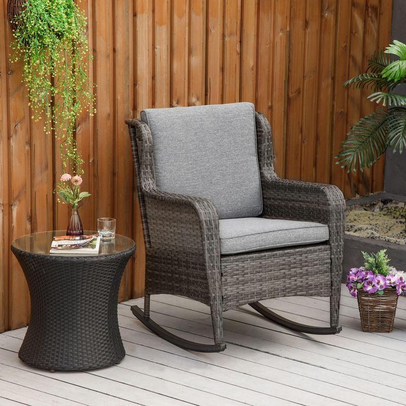 Outsunny Patio Wicker Rocking Chair, Outdoor PE Rattan Swing Chair w/ Soft Cushions for Garden, Patio, Lawn, Gray