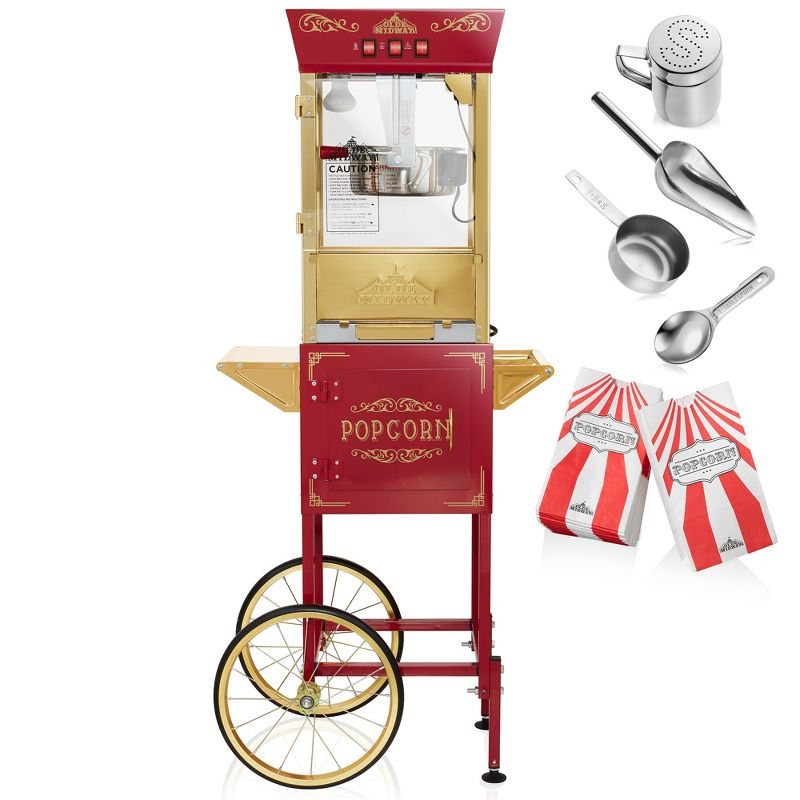 Olde Midway Movie Theater-Style Popcorn Machine Popper with Cart and 10 oz Kettle, Red