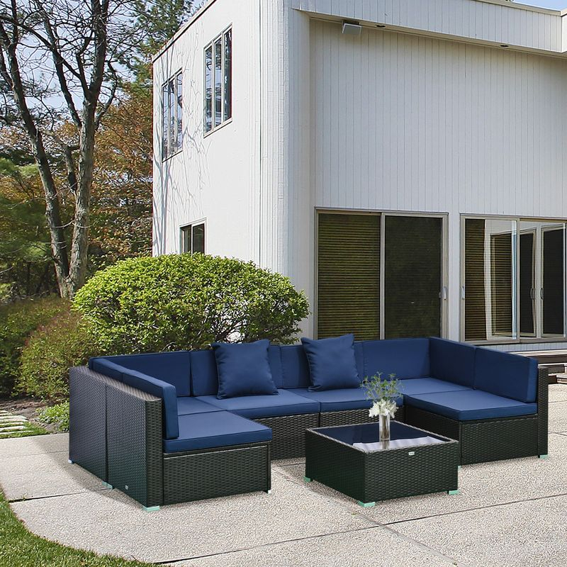 Outsunny 7 Piece Outdoor Patio Furniture Set, PE Rattan Wicker Sectional Sofa Set with Couch Cushions, Pillows, Coffee Table, Blue