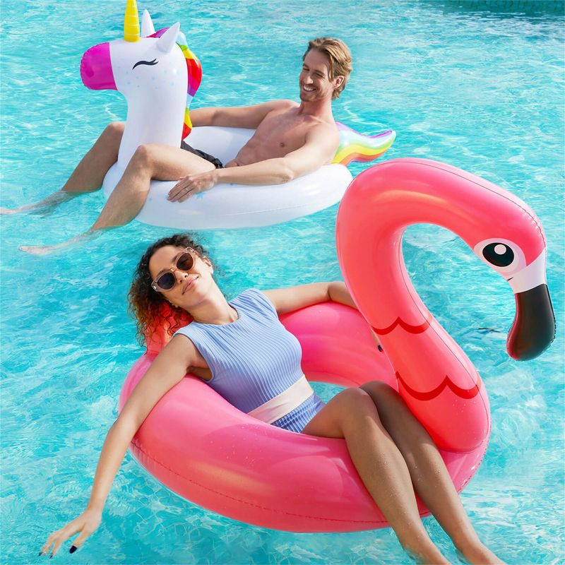 Joyfy 2 Packs Pool Floats Tube, Inflatable Unicorn Flamingo Pool Toys Floaties with Headrest, Pool Swim Ring for Kids Adults Beach Lake Summer Fun
