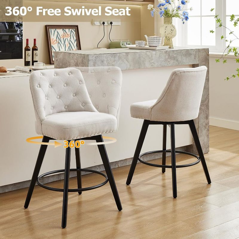 Counter Bar Stools Set of 2, Modern Swivel Bar Stools with Back and Wood Legs, 26" H Upholstered Bar Chair for Kitchen Island Home Bar, Linen Beige