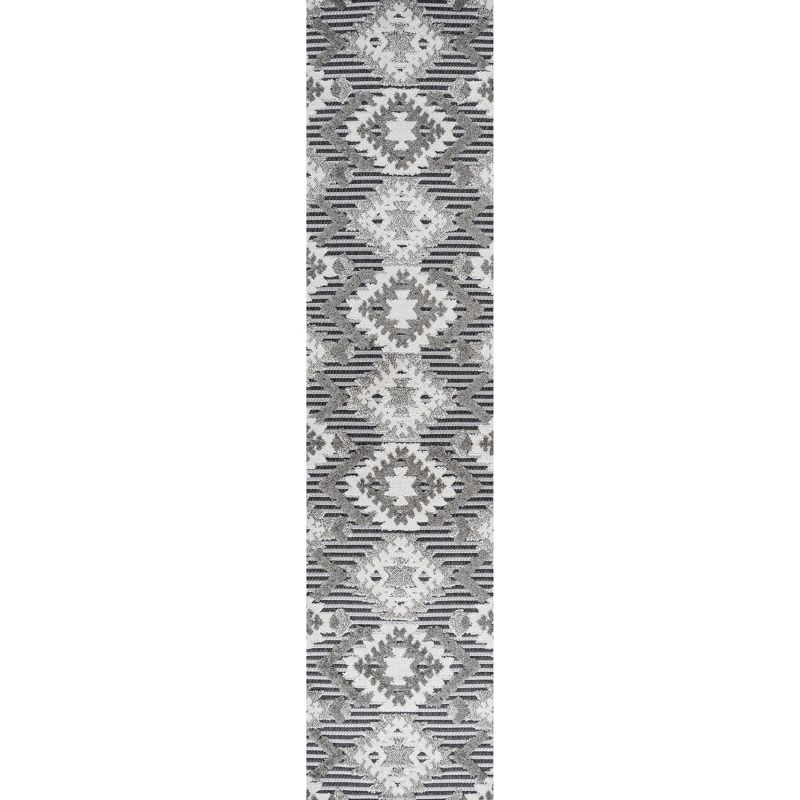 2'x10' Sumak High-Low Pile Neutral Diamond Kilim Indoor/Outdoor Runner Rug, Gray/White/Black - JONATHAN Y