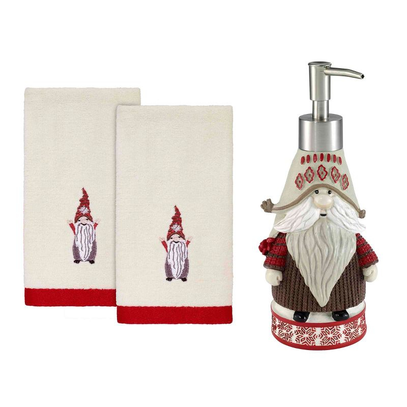 Avanti Linens Christmas Gnomes Lotion Dispenser & 2-Pack Fingertip Towel Set