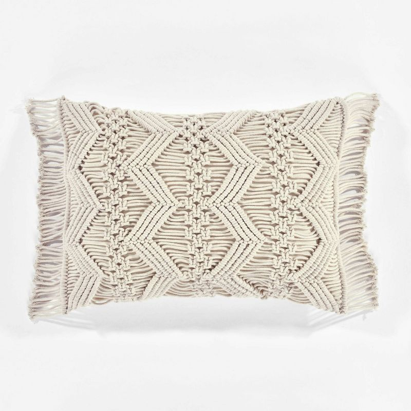13"x20" Oversize Studio Chevron Macrame Lumbar Throw Pillow Cover with Fringes Neutral - Lush Décor: Cotton Weave, Zipper Closure