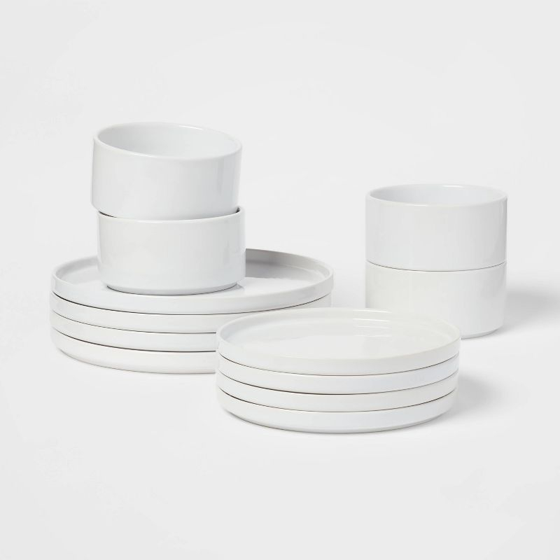 12pc Stoneware Stella Dinnerware Sets White - Threshold™: Solid Dishware Set, Service for 4, Microwave & Dishwasher Safe