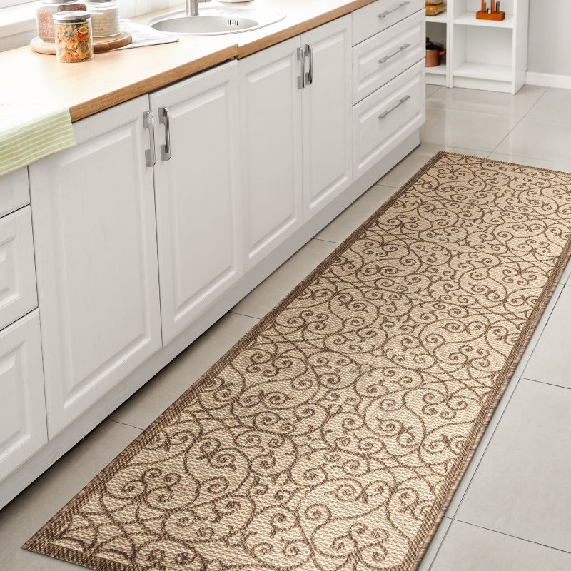 2'x8' Madrid Vintage Filigree Textured Weave Indoor/Outdoor Runner Rug, Beige/Brown - JONATHAN Y