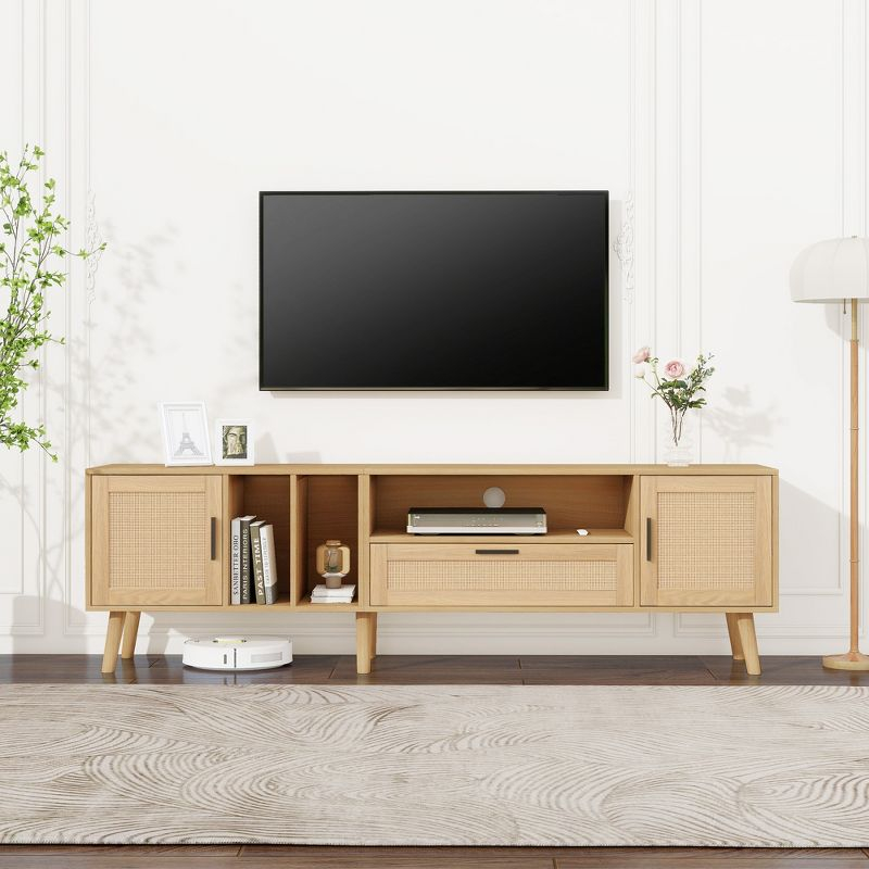 Whisen Rattan-inspired Entertainment Center TV Stand for TVs up to 80'' with 2 Cabinets and 2 Open Shelves