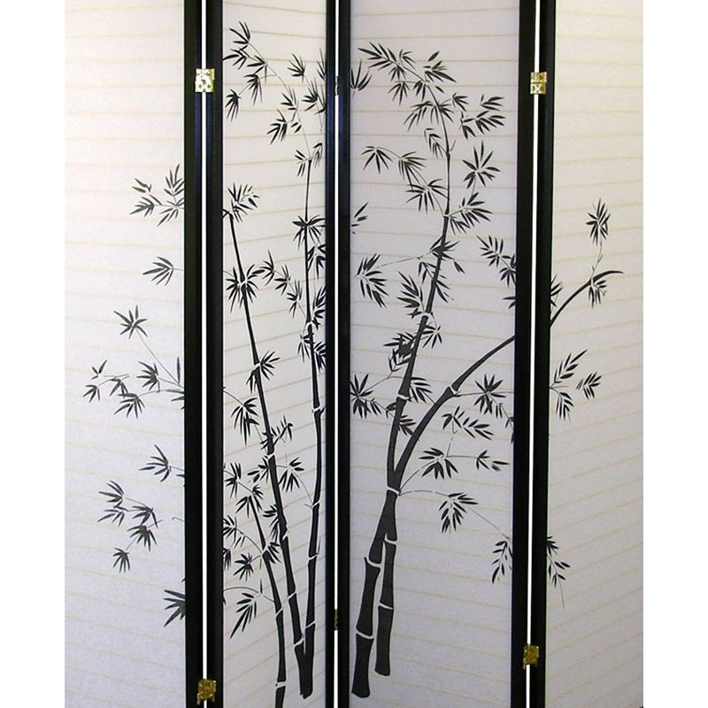 4 Panel Room Divider Bamboo - Ore International: Hardwood Spruce Frame, Botanical Floral Tree Design, No Assembly Required