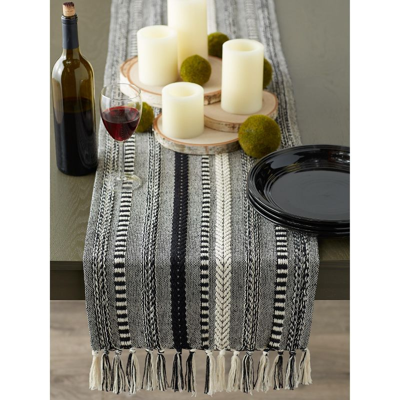Design Imports  Braided Stripe Jacquard Fringe Table Runner, 15X108", Black