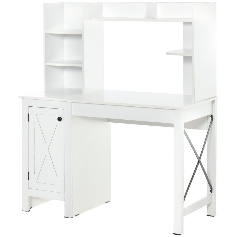 HOMCOM Farmhouse Computer Desk with Hutch and Cabinet, Home office Desk with Storage, for Study, White