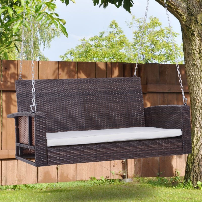 Outsunny 2 Person Wicker Hanging Swing Bench, Front Porch Swing Outdoor Chair with Cushions for Backyard, Garden, Brown