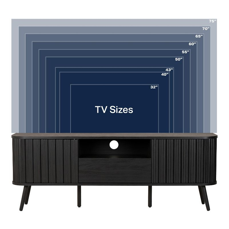 JONATHAN Y Damien 70 in. Farmhouse Curved TV Stand with Drawer and Storage Doors Fits TVs up to 75 in. with Cable Management, Black