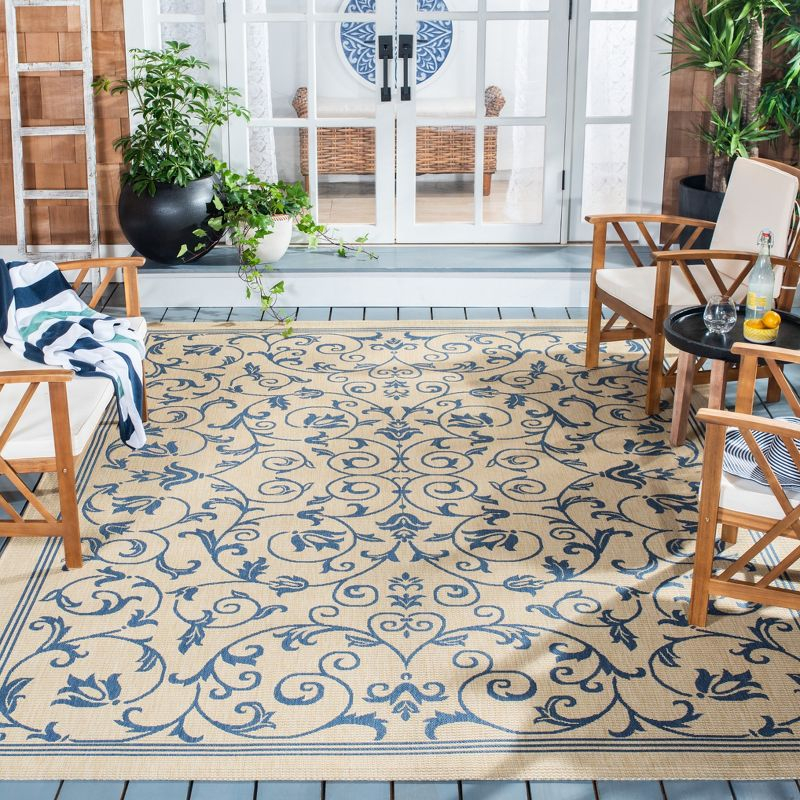 Courtyard CY2098 Power Loomed Indoor and Outdoor Area Rug - Natural/Blue - 7'10"x7'10" - Safavieh