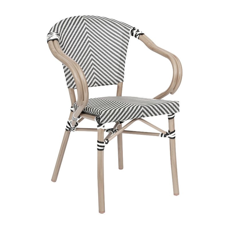 Emma & Oliver Massalia Indoor/Outdoor Stacking Thonet Bistro Chair w/ Arms, Black & White Textilene Seat & LT Natural Bamboo Finished Metal Frame