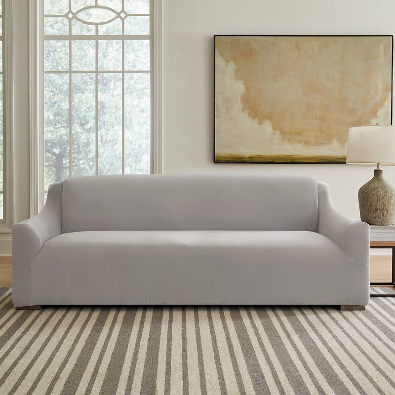 Sure Fit Hampstead Stretch Velvet Extra Large Sofa Machine Washable Couch Cover Light Gray: Pet Friendly, Indoor Use, Microfiber & Spandex